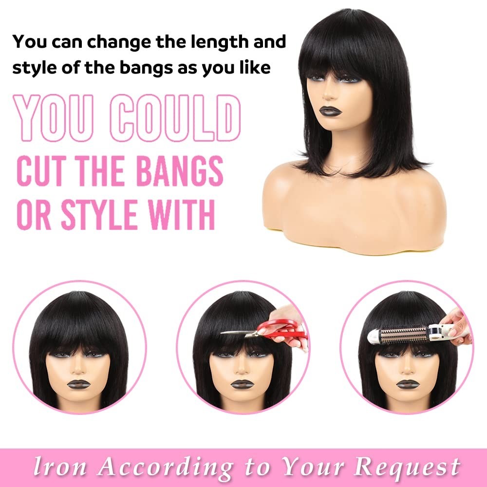 Short Bob Wig Human Hair with Bangs Straight Bob Wig with Bang Machine Made Wig
