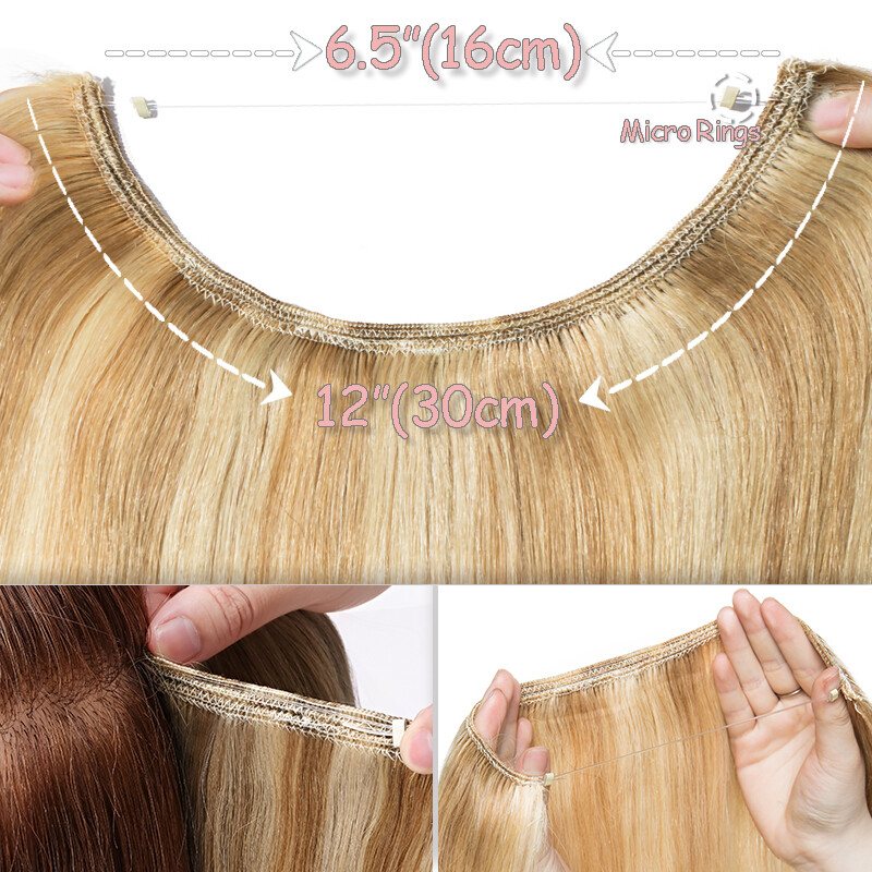 Invisible Ring Clip in Wire Fish Line Weft Remy Human Hair Extensions Hairpiece