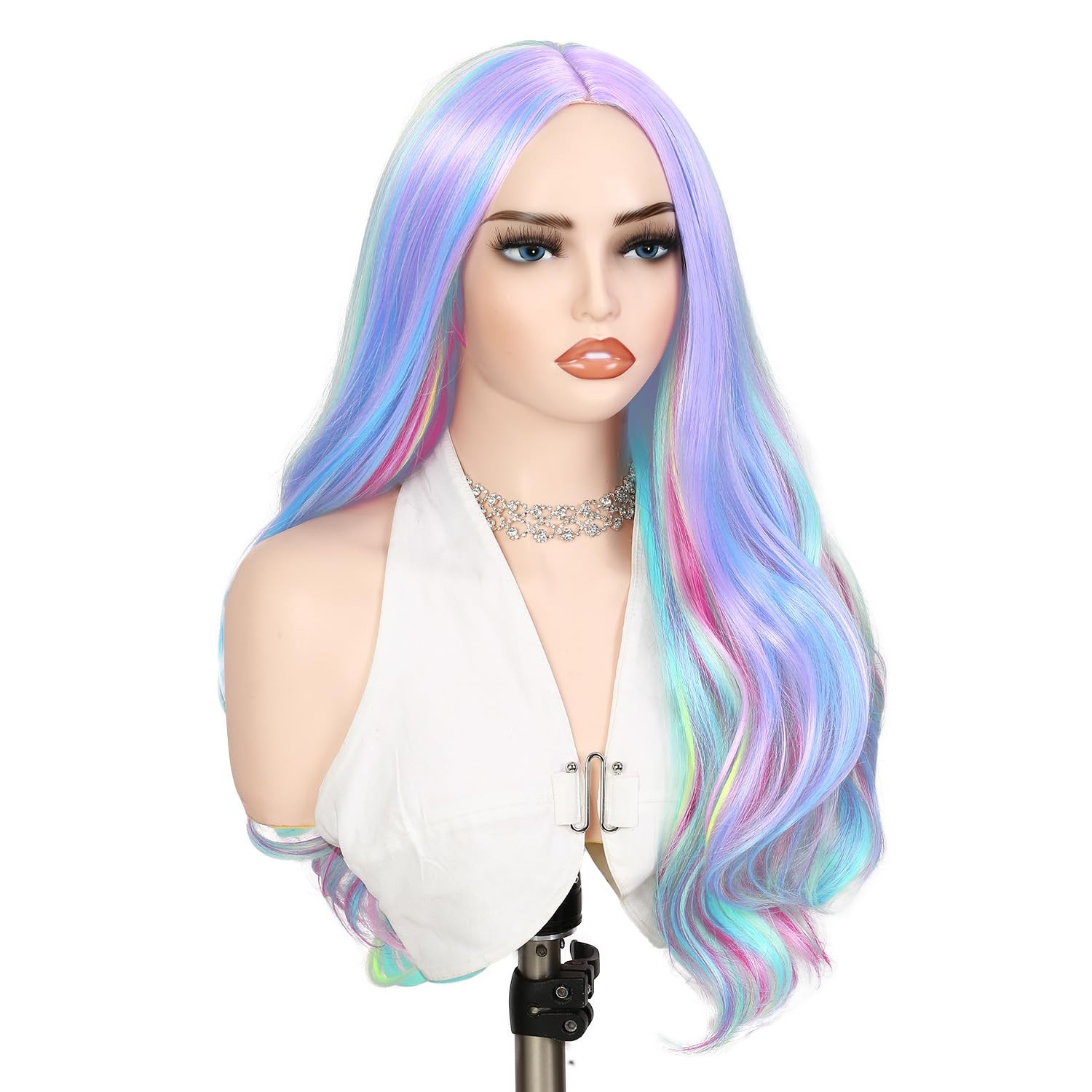 Long Rainbow Color Wavy Hair Dreamy Unicorn Color Wigs Multi-Color Pastel Col…
