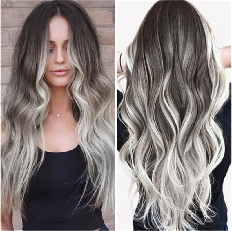Ash Gray Silver White Ombre Lace Long Wavy Curly Blonde Synthetic Wigs Hair