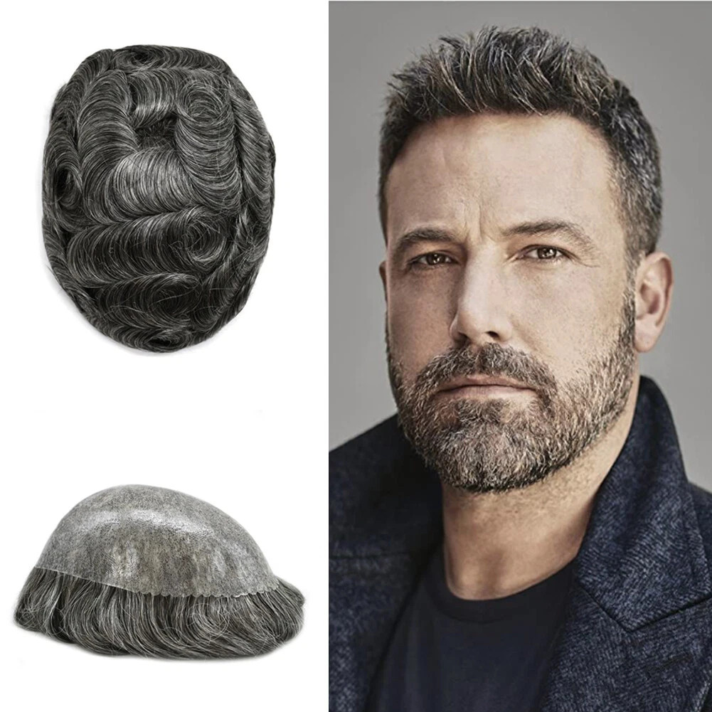 Mens Toupee HumanHair Systems Full Poly Thin Skin HairPiece Replacement SystemUS