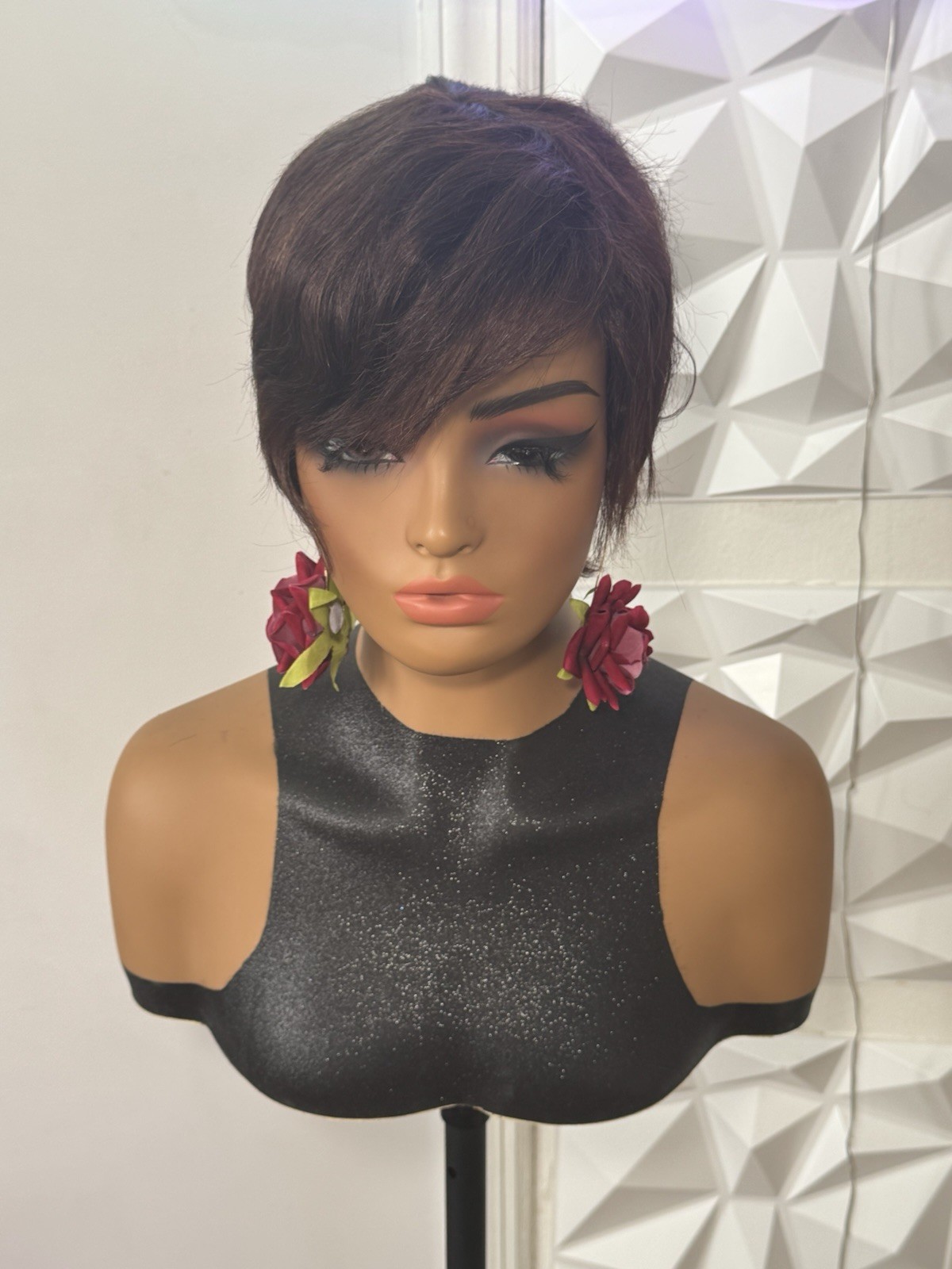 100% Human Hair Dark Brown Pixie Cut Wig Short Bangs Classic Cap One Size