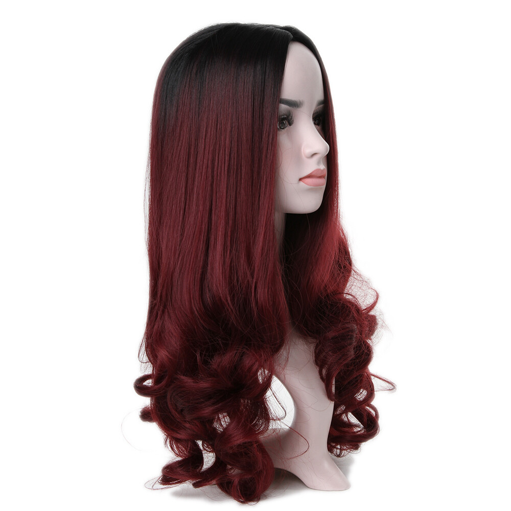 Long Ombre Black root Burg Wavy Synthetic Hair Wig Cos Glueless Wig Heat Safe