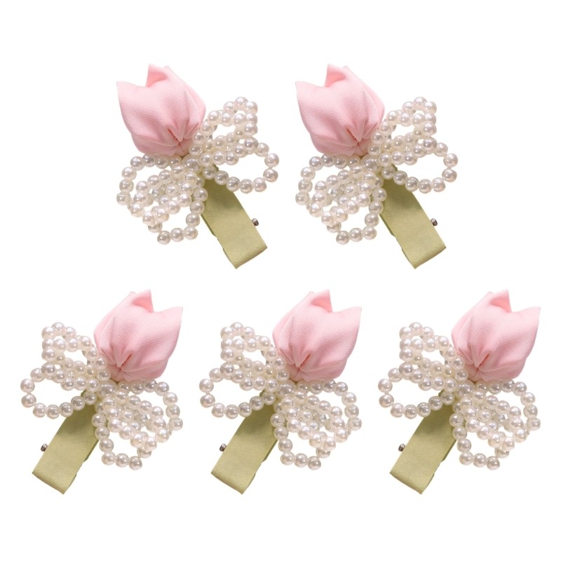 Flower NonSlip Side Hair Clip Pearls Tulips Handwoven Fabric Head Accessory