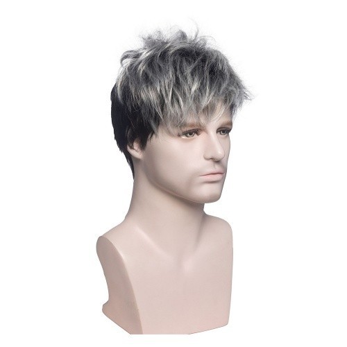 Short Wig Silver Gray with Black Synthetic Hair Wig Layered Textured Pixie Wigs