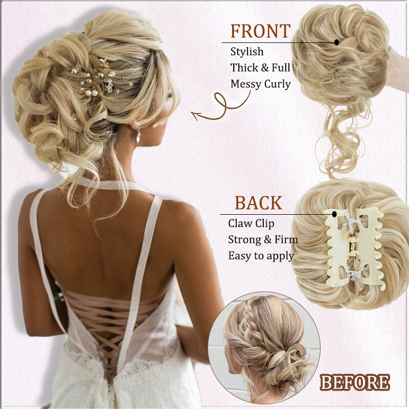 Clip on in Messy Bun Curly Hair Piece Extensions Hair Wedding Claw Clip AS REAL
