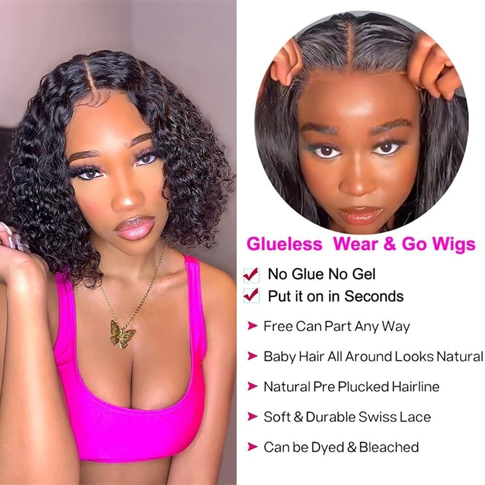 Wear and Go Glueless Deep Wave Bob 4×4 Lace Closure Wig 12 Inch