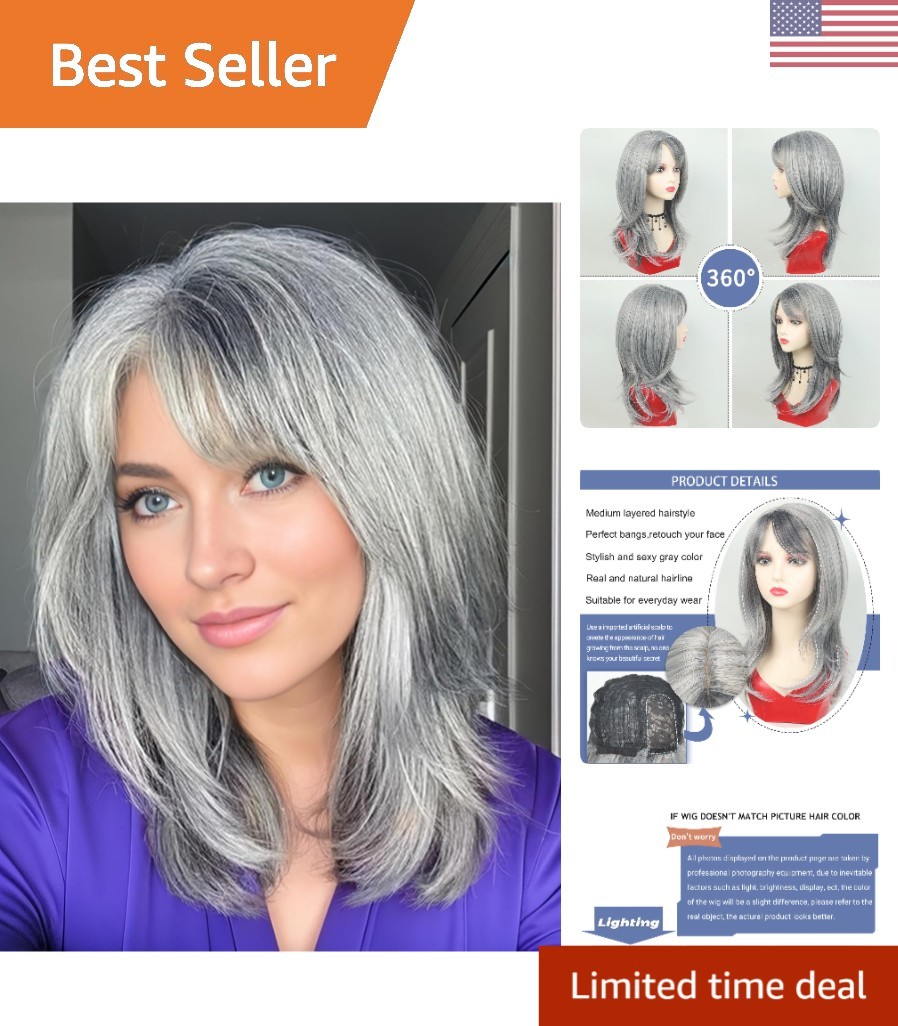 Elegant Salt and Pepper Wavy Wig with Bangs – Transform Your Look Instantly