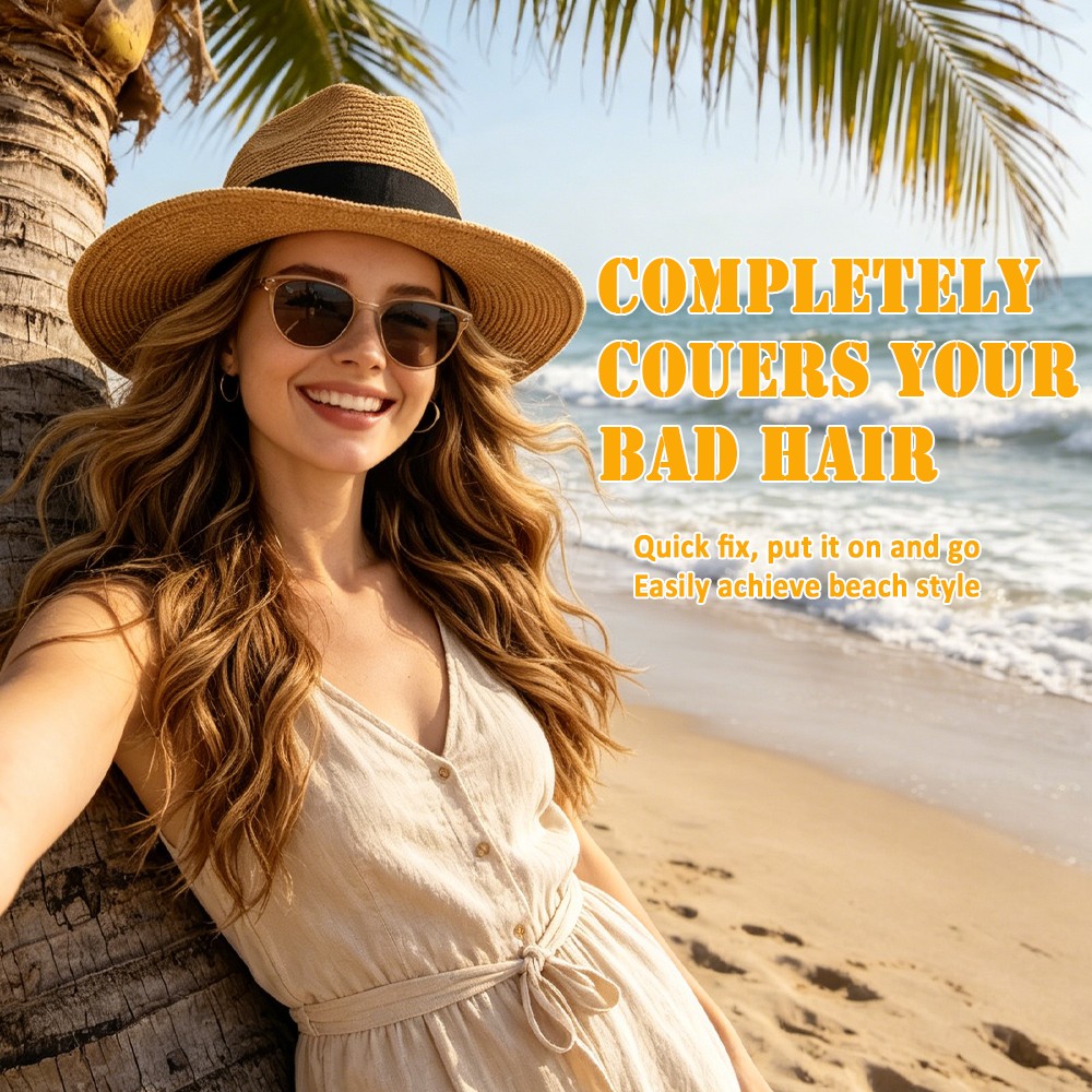 Long Wave Sun Hat Wig with Synthetic Hair Adjustable Straw Beach Cap For Women