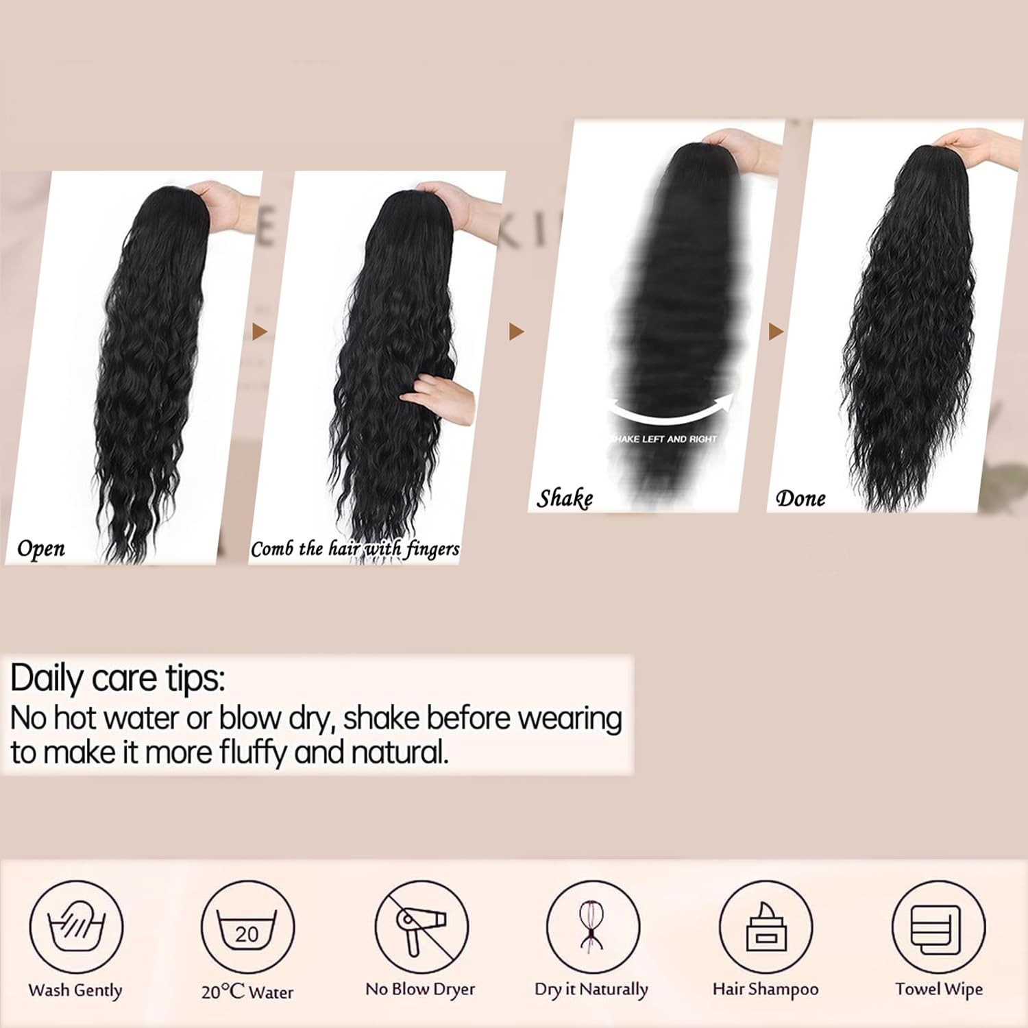 Curly Wavy Ponytail Extension 26 Inch Drawstring Black 1B – Lightweight Natural