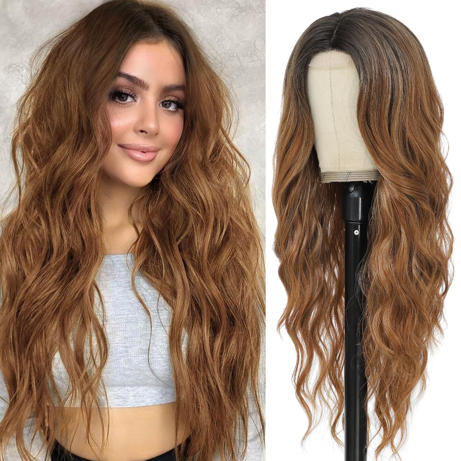 Ombre Brown Wig for Women, Long Ombre Brown Wavy Wig Middle Part 26 Inch Ombr…