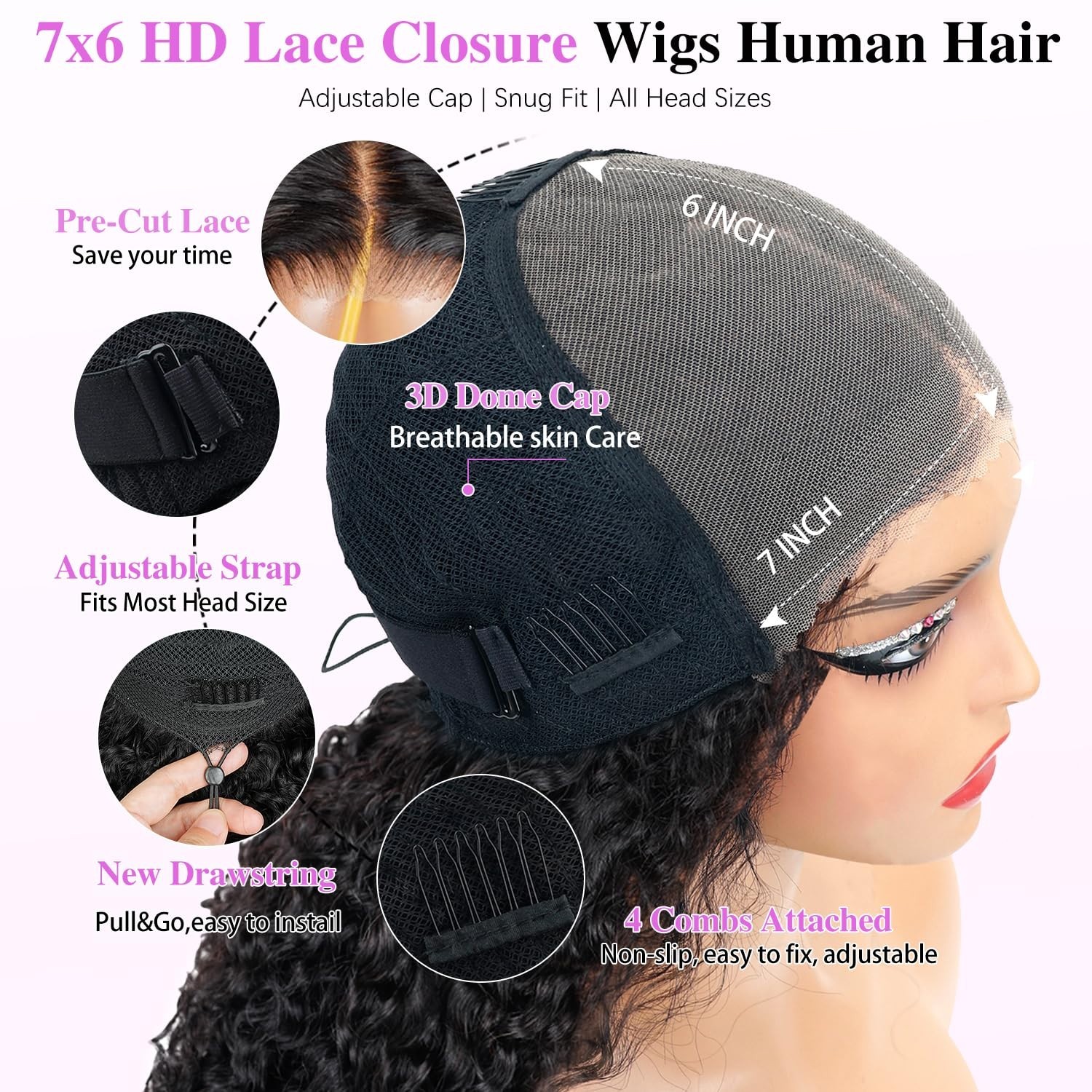 7×6 Curly Glueless Wig Human Hair, Pre-Plucked, 250% Density, 24″ HD Lace Front