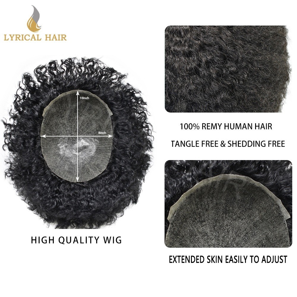 Lyrical Hair Afro Toupee for Black Men Full PU Kinky Curly Human Hairpiece Units