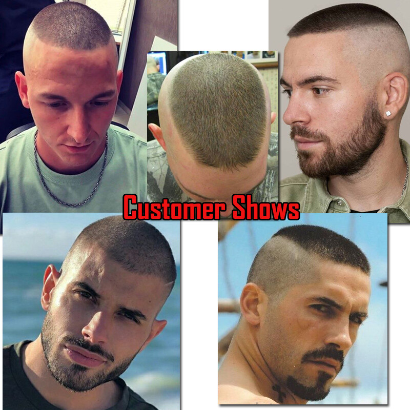 Mens Human Hair Toupee System Thin Skin PU Hairpiece Wig Short Buzz Cut Black US