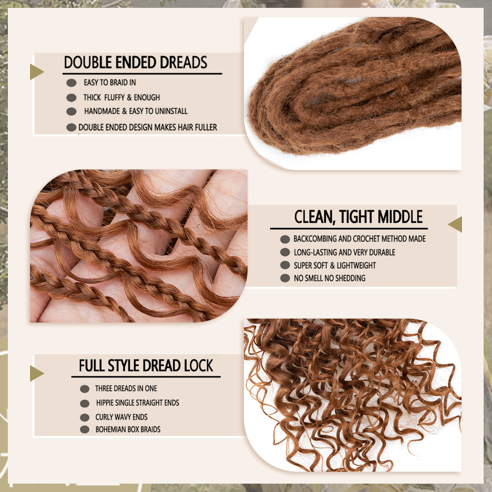 Brown Wool Dreadlocks Double Ended Dreads Extensions 22″ Folded Dreads Locs Wavy
