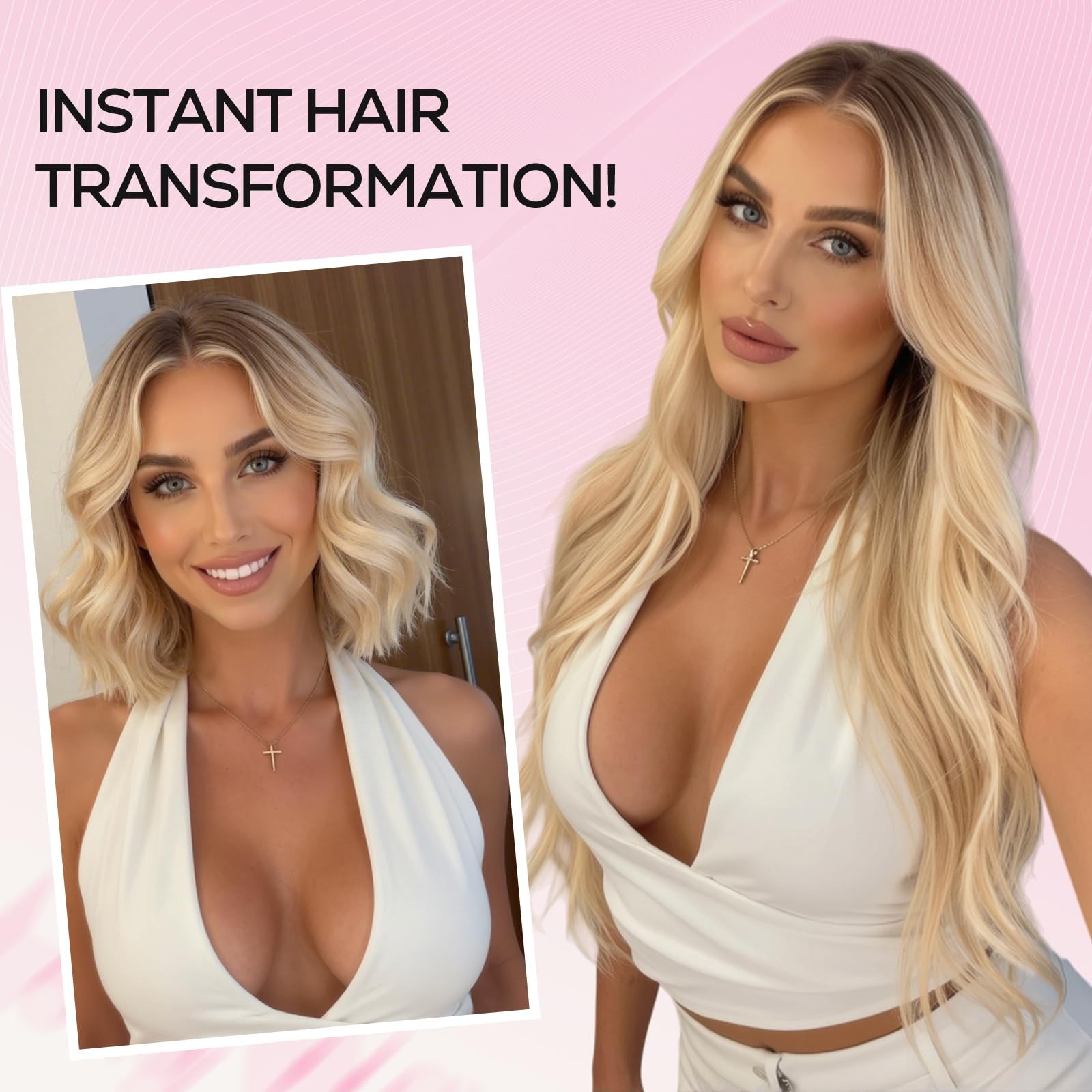 Long Ombre Blonde Wig for Women, 28 Inch Wavy Synthetic Wig with Curtain Bang…