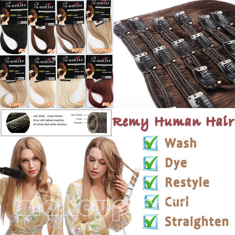 100% Clip In Remy Human Hair Extensions Full Head Black/Brown/Blonde Straight