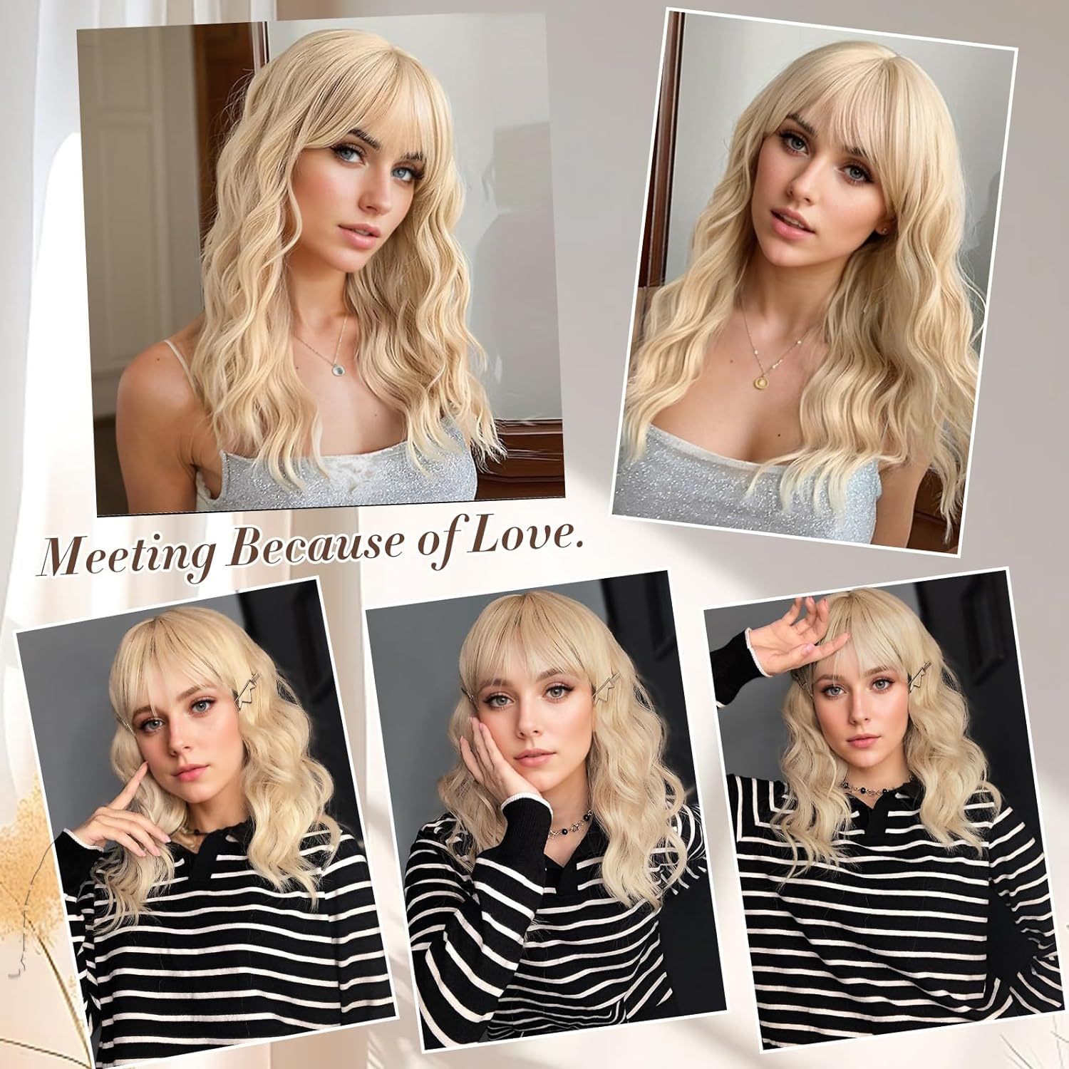 Water Wave Long Curly Wig with Bangs Heat Resistant Synthetic Full Cap for Women