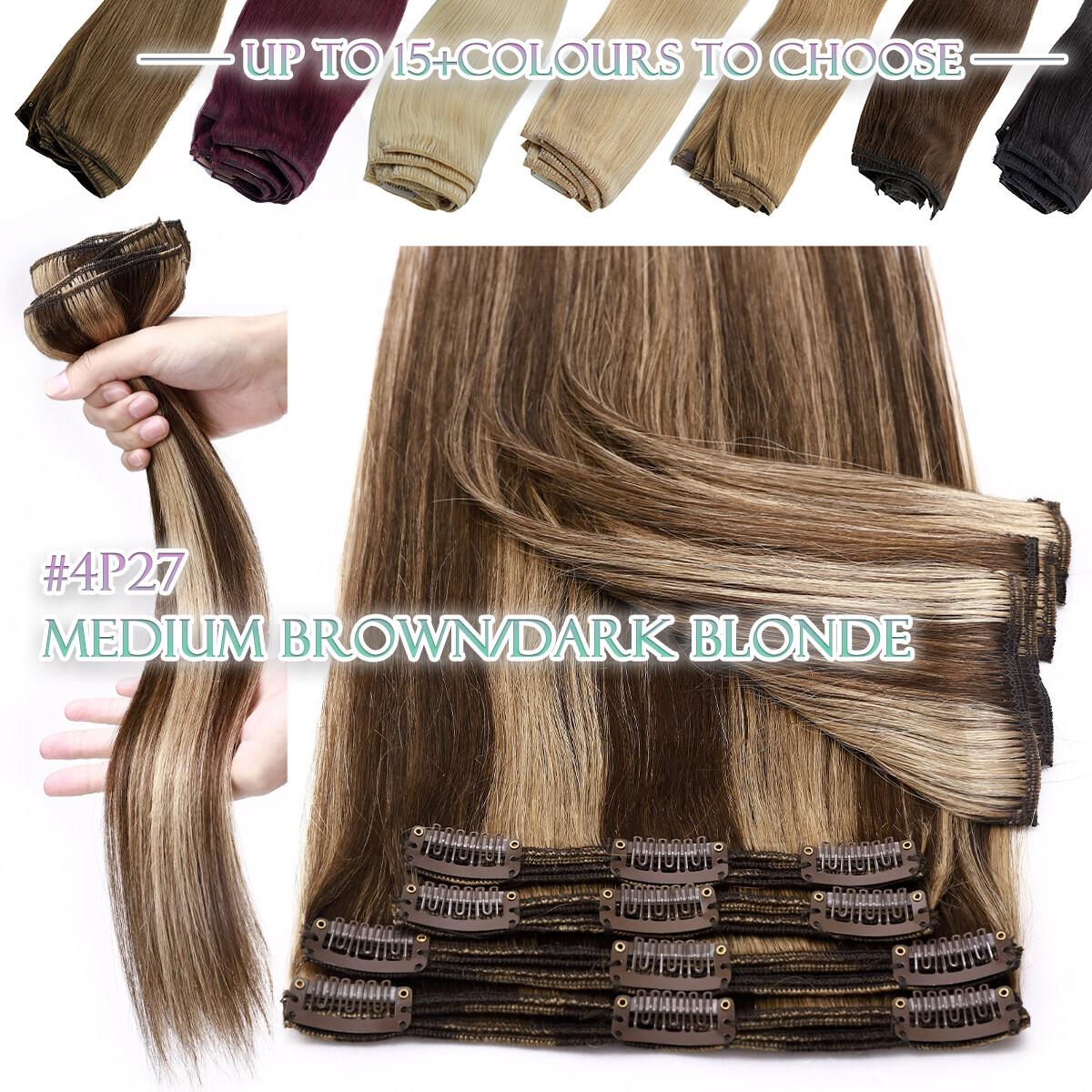 Double Drown Clip In Real Human Remy Hair Extensions THICK Full Head Highlight