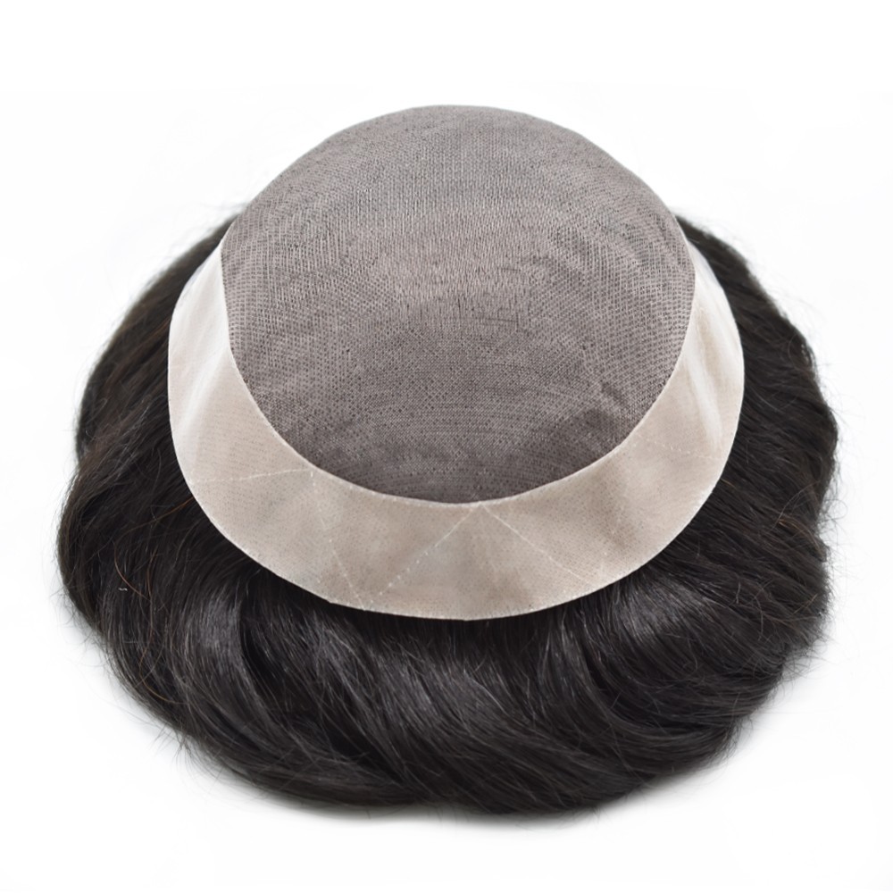 Fine Mono Mens Toupee Human Hair Replacement System Medium-Heavy Black Hair Unit