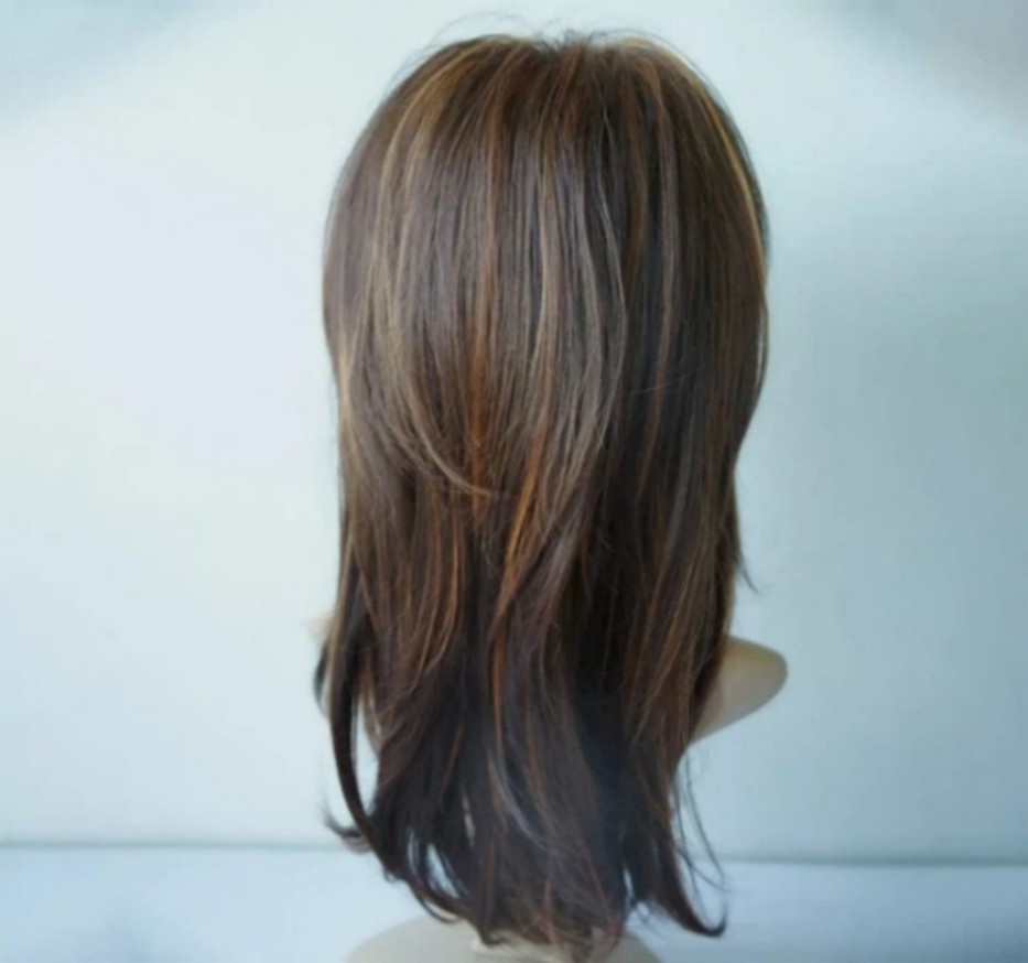 Women Dark Brown w/Gold Highlight Ombre Shoulder Length Curly Hair Wig-&&++