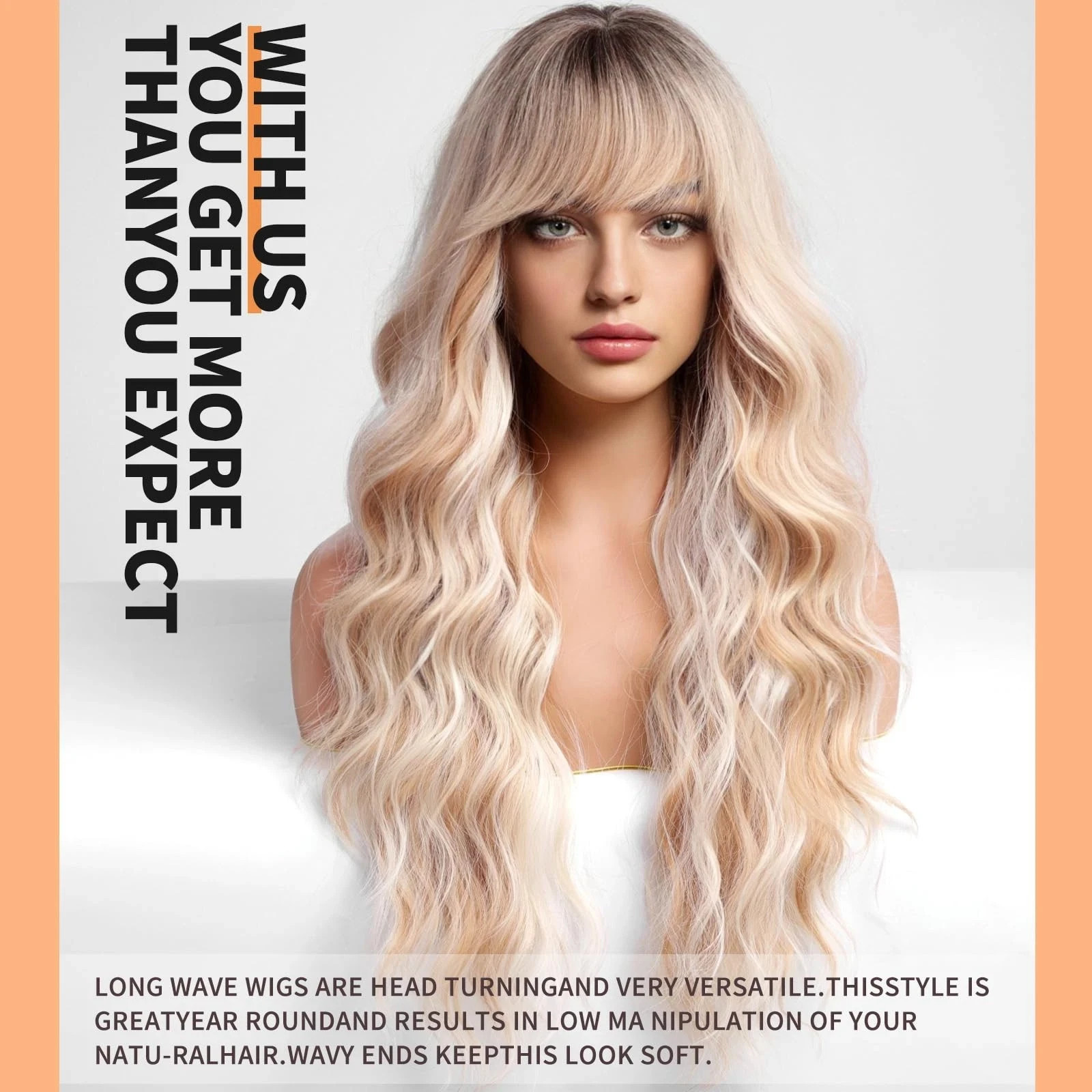 Ombre Blonde Wigs with Bangs,Long Curly Wig for Women,Blonde Long Wavy Wig Synth
