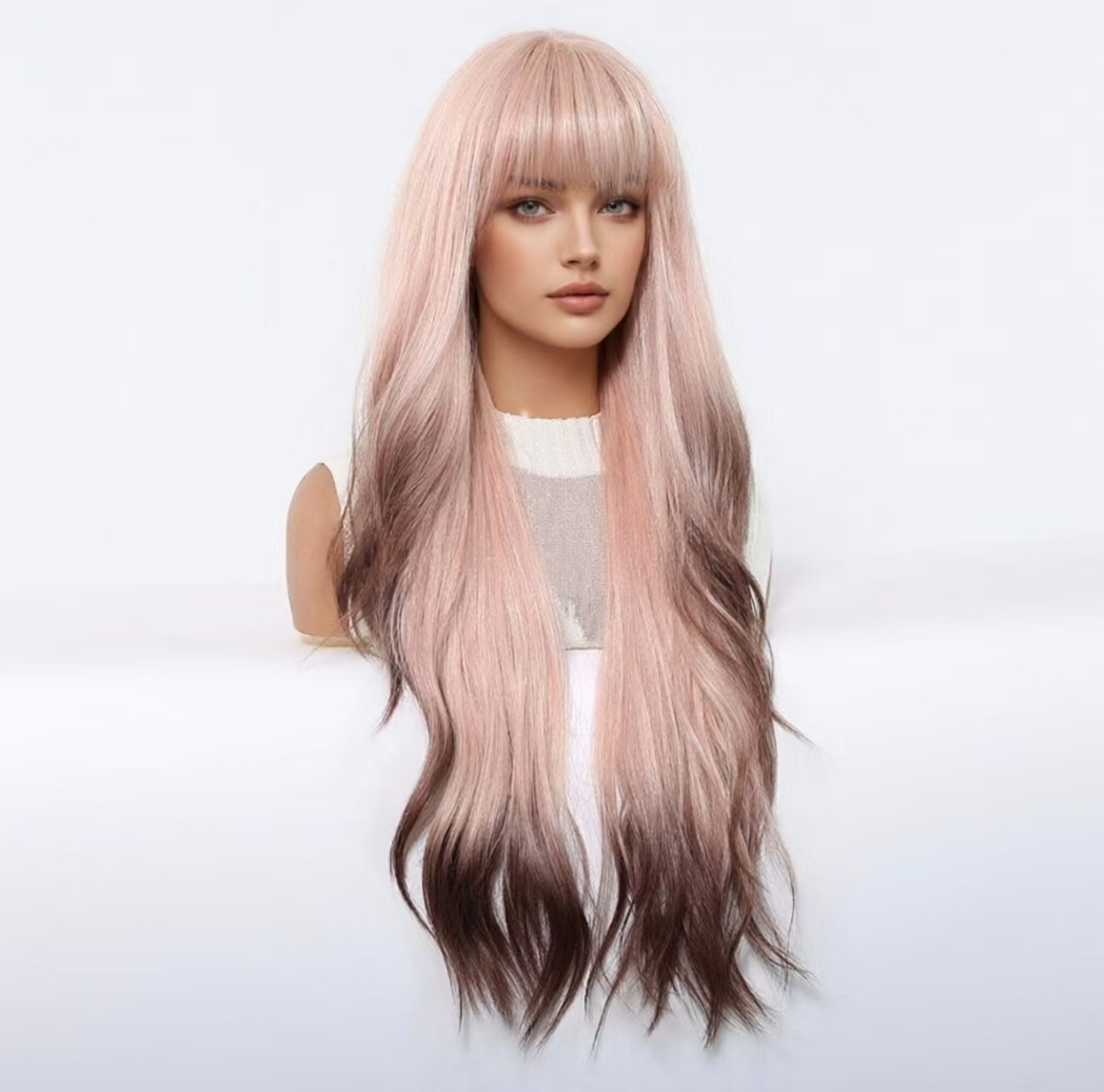 Long Wavy Light Pink Wigs with Bangs for Women Cosplay Party Synthetic Hair Wig