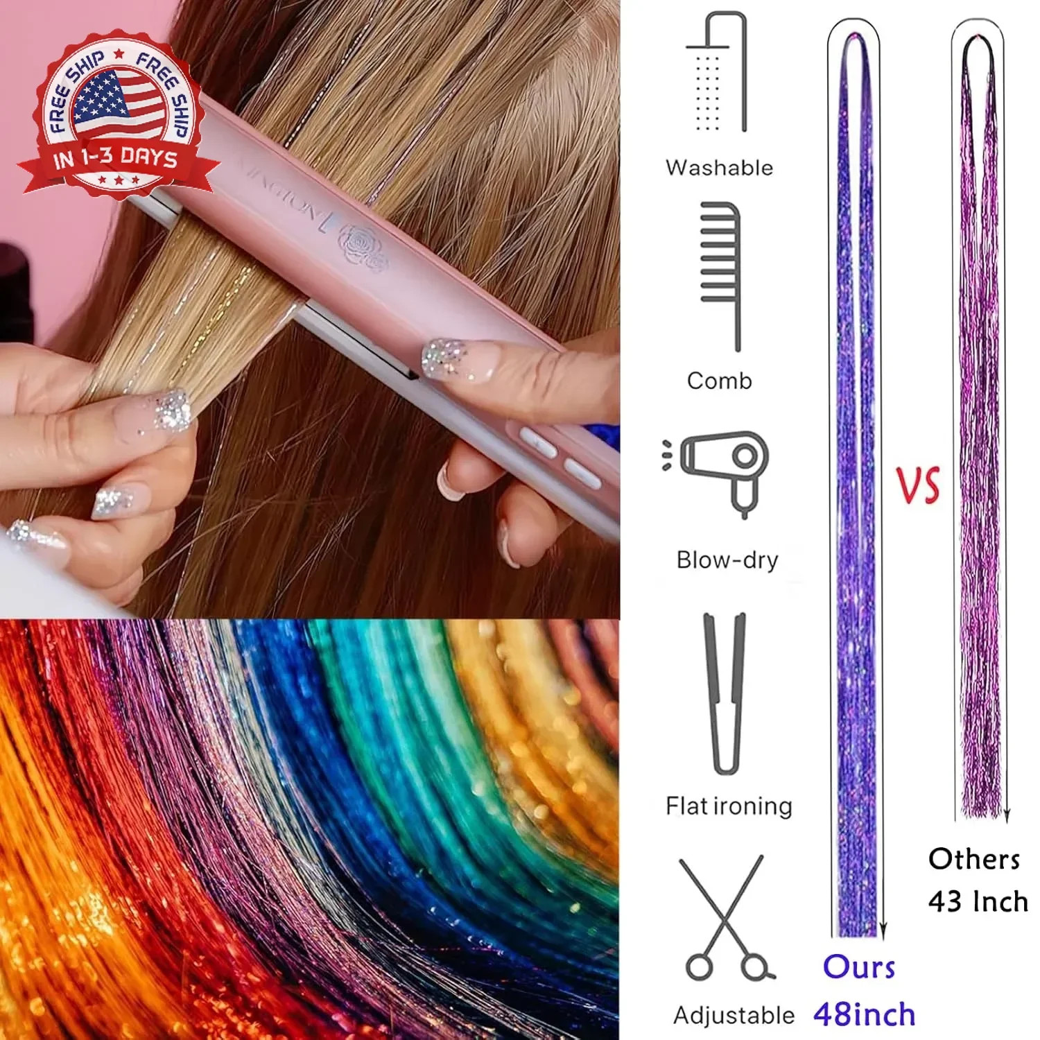 Hair Tinsel,24 Colors Hair Tinsel Kit for Girls 9600 Strands Fairy Tinsel Hair E