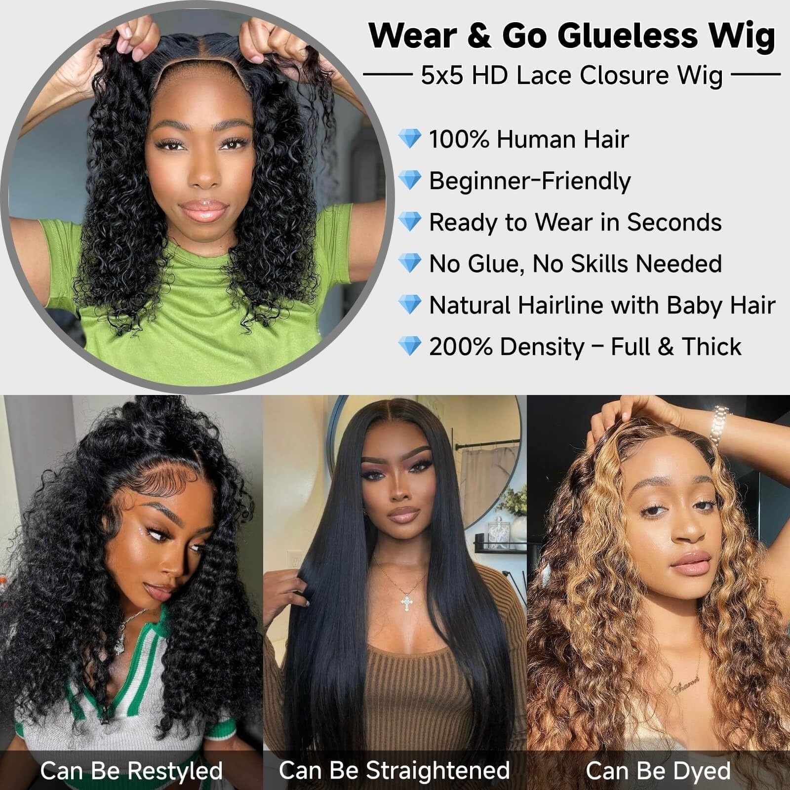 28″ Deep Wave Glueless Human Hair Wig – 5×5 HD Lace Closure, Pre-Plucked, 200 De