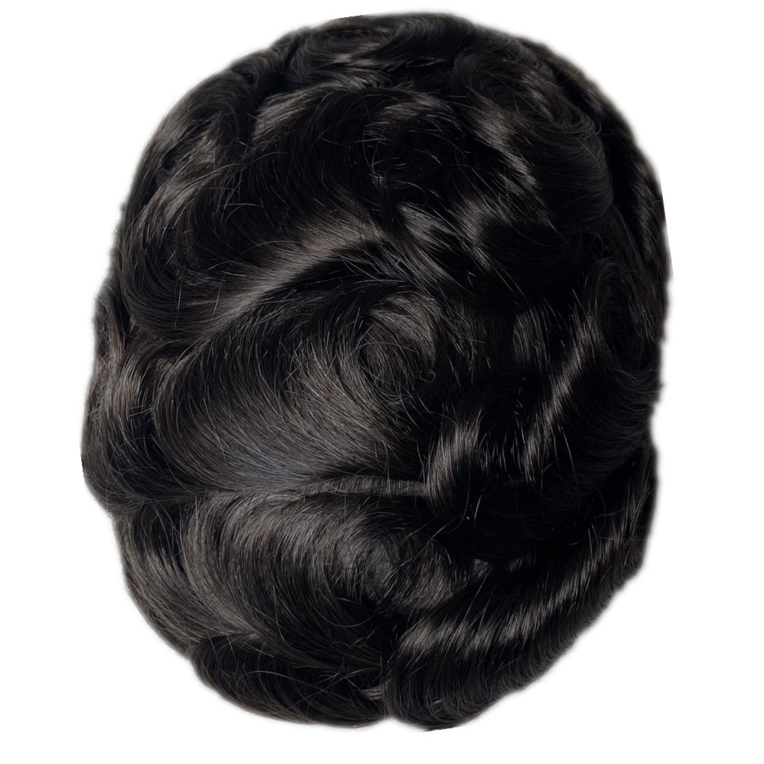 Mens Toupee French Lace Front Thin Skin PU Base Human Hair Replacement Sys #1B