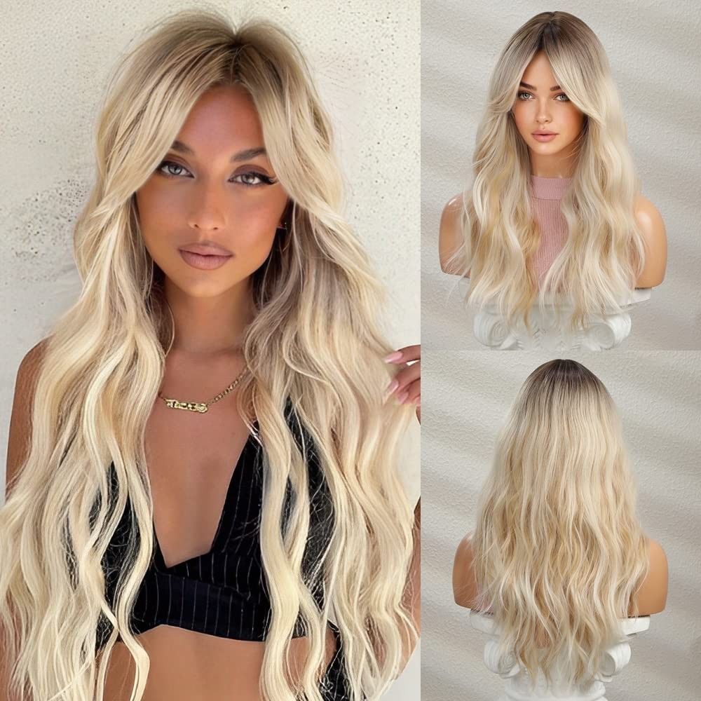 Blonde Wig for Women Long Curly Wavy Ombre Blonde Wigs Dark Roots Two Tones S…