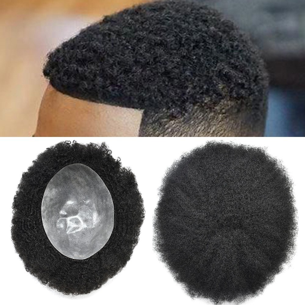 Afro Curl Mens Toupee Full Poly African American Hair System Replacement for Men