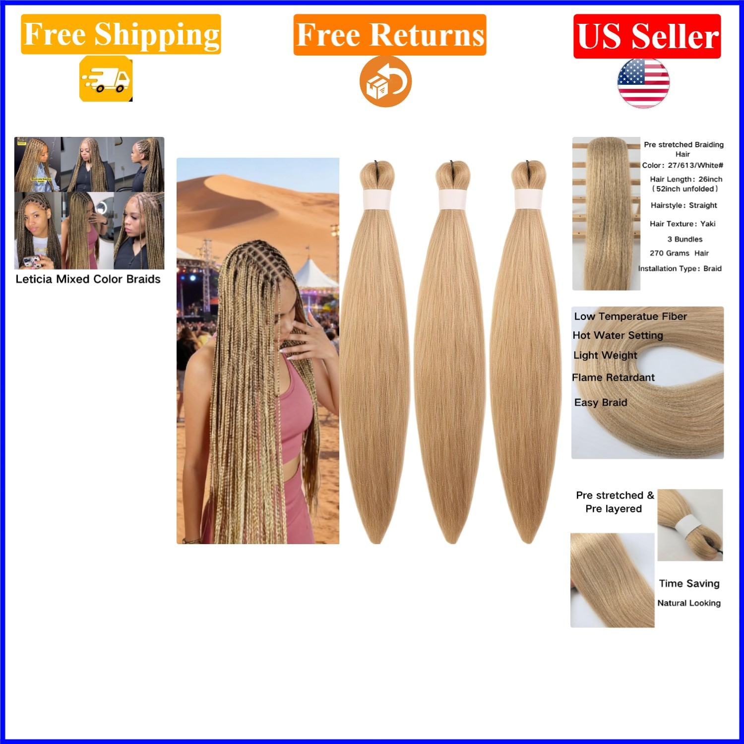 52in Mix Color Honey White Blonde Pre-Stretched Braiding Hair