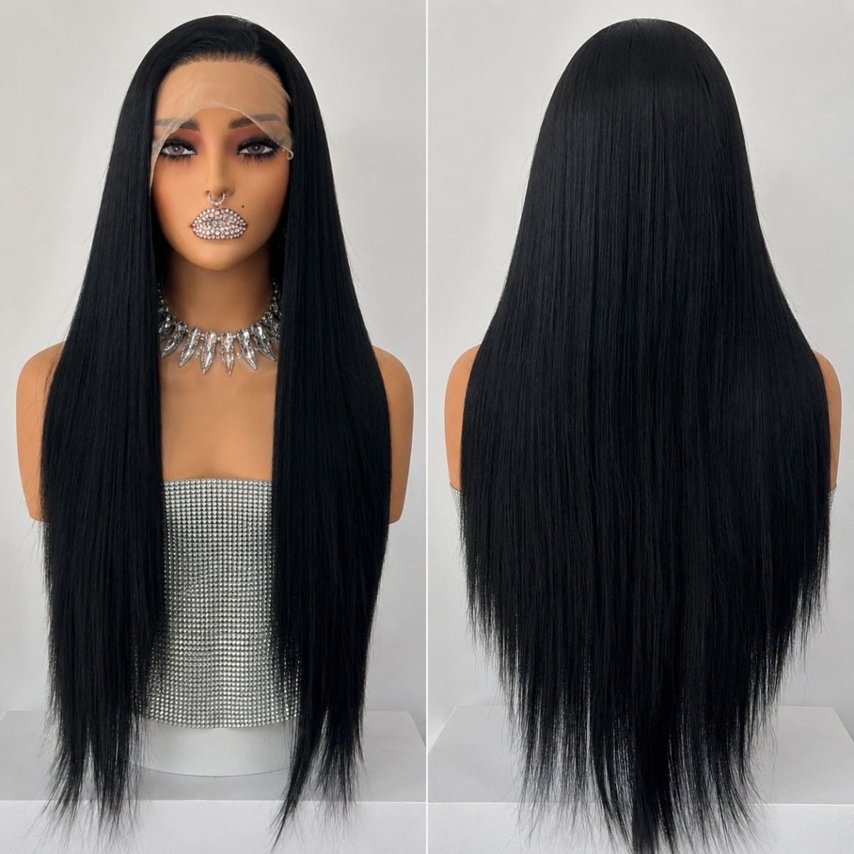 Heat Resistant Synthetic Hair Long Straight Lace Frontal Wig Black