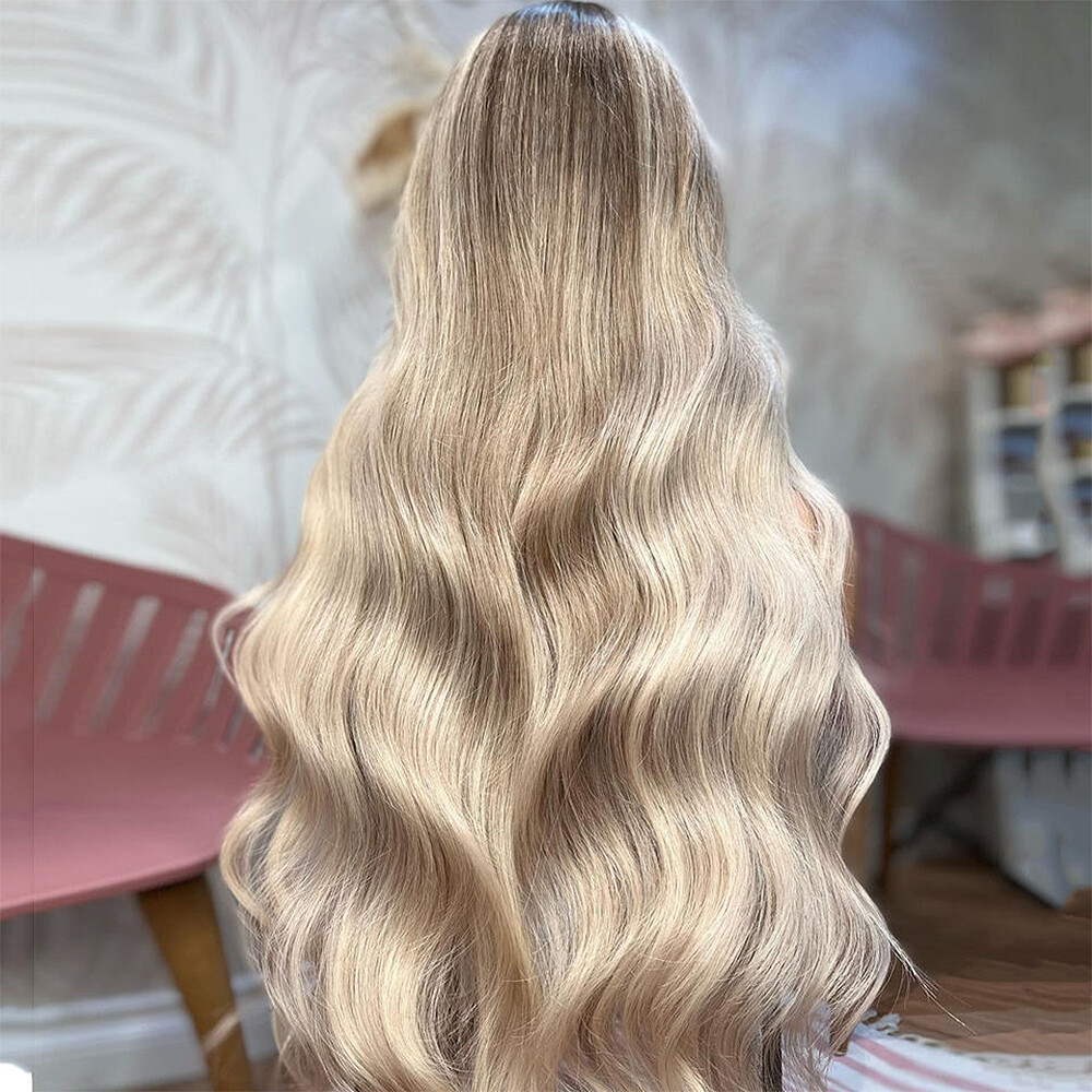 Highlight Blonde Lace Front Wigs 13×4 Human Hair Brown Roots Loose Body Wavy