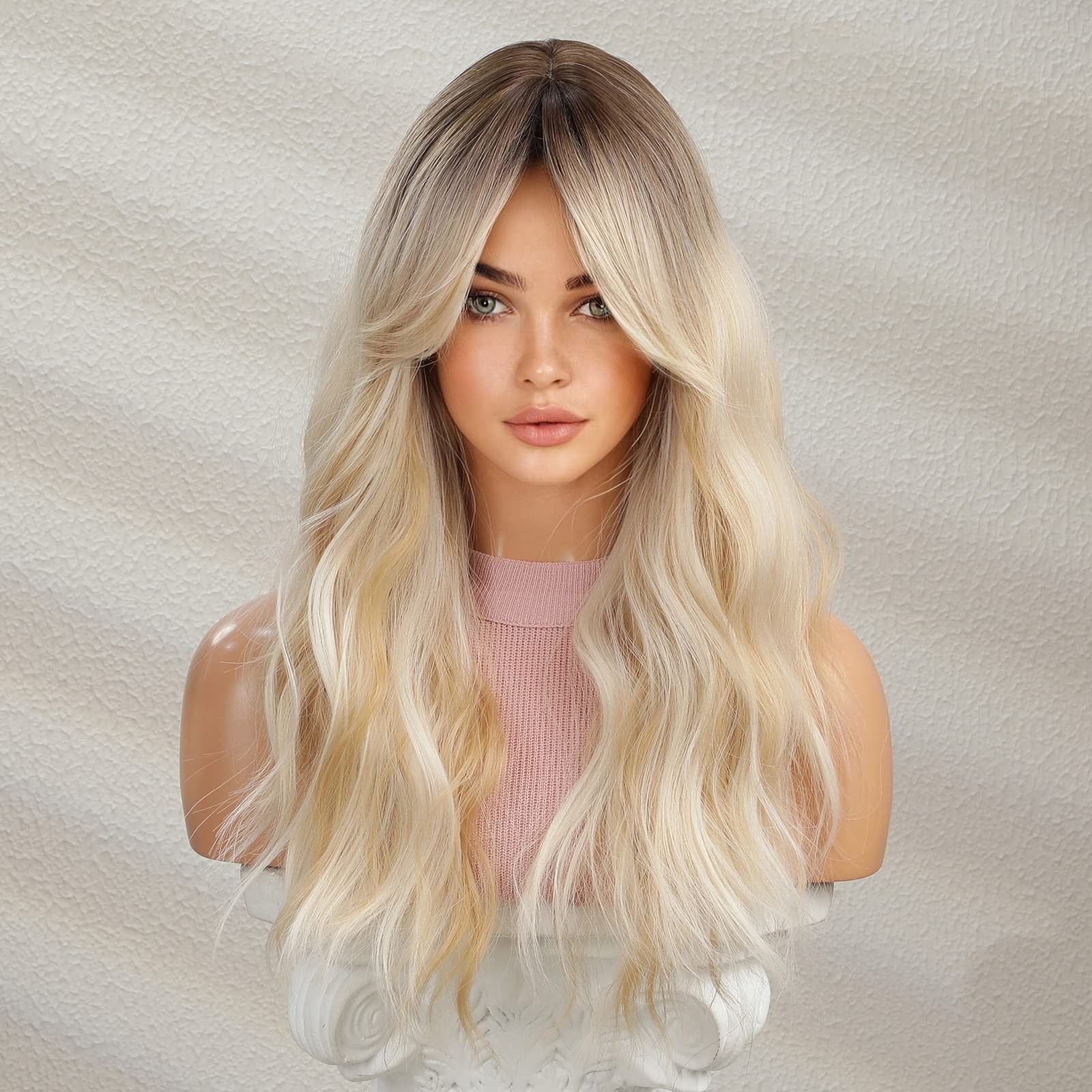 Blonde Wig for Women Long Curly Wavy Ombre Blonde Wigs Dark Roots Two Tones S…