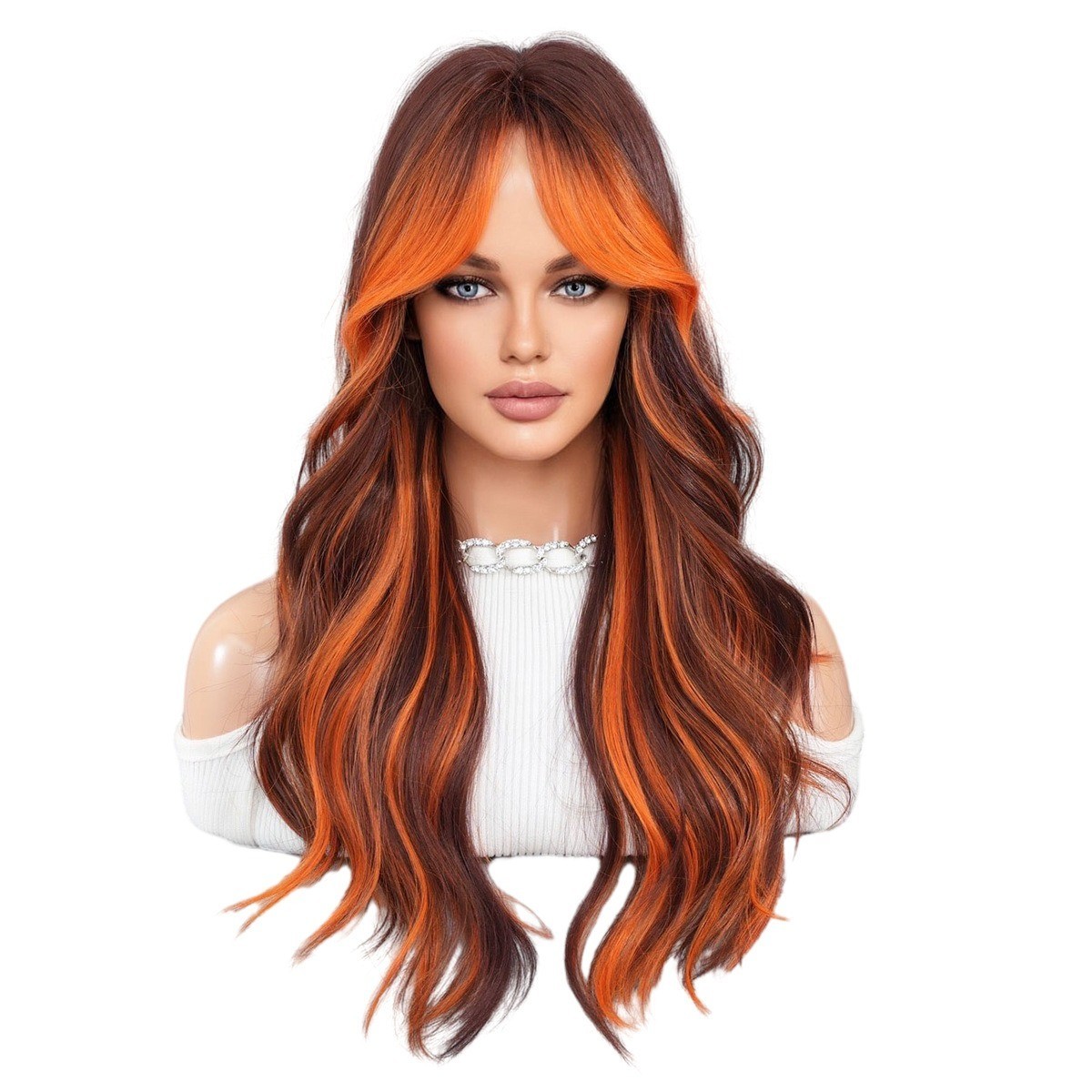 Full head wig with side-swept bangs colorful flame orange highlights and long