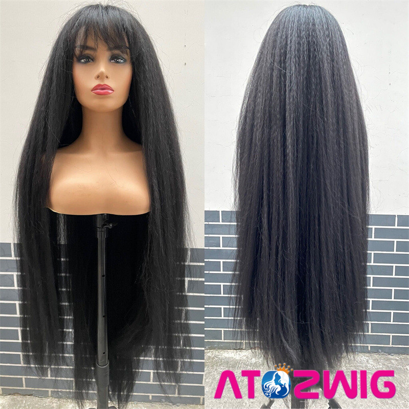 48 inch Long Kinky Straight Ash Blonde Wig with Full Bangs Fashion Party Wigs