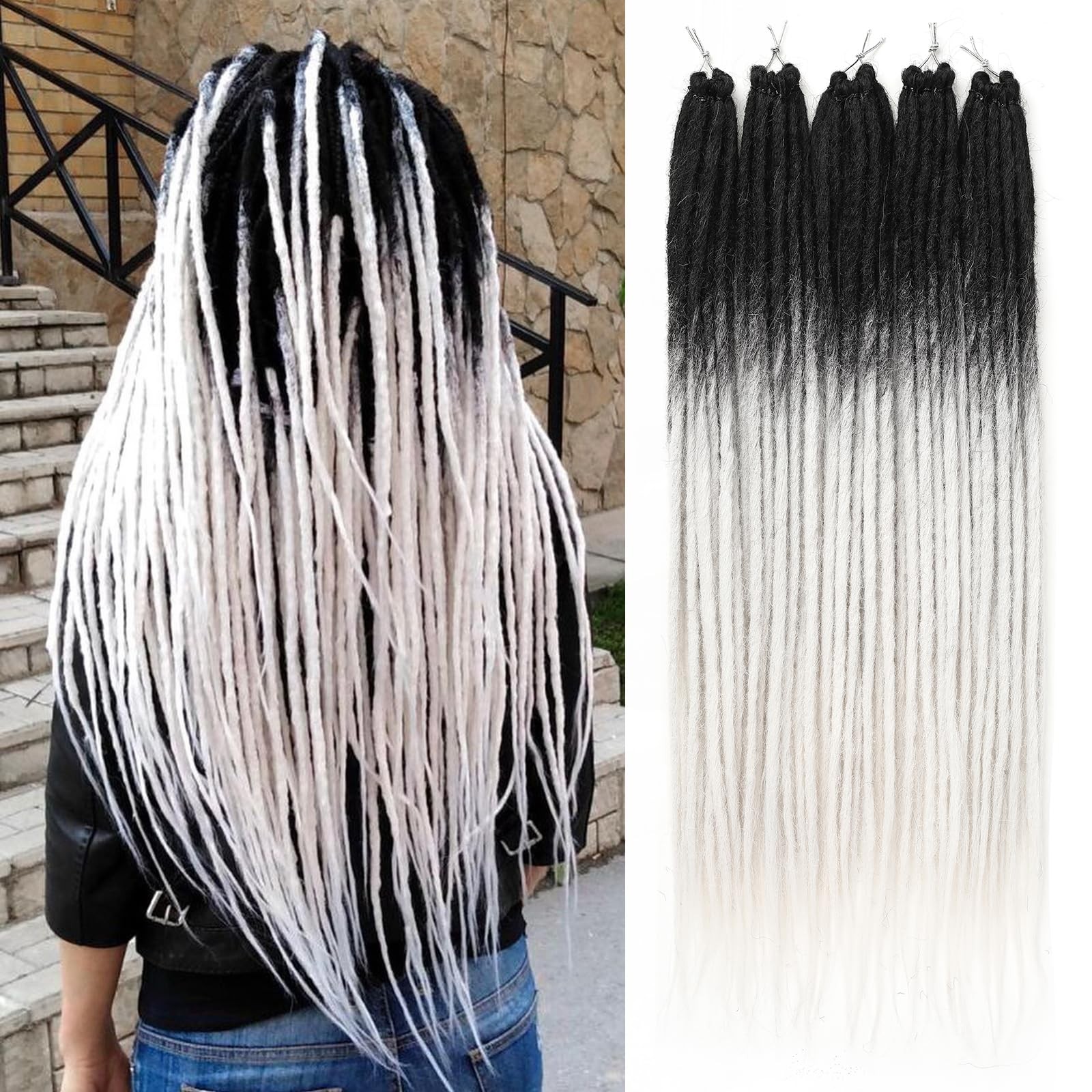 Leeven 40 Strands Synthetic Dreadlock 24 Inch(40 Strands), Black to White