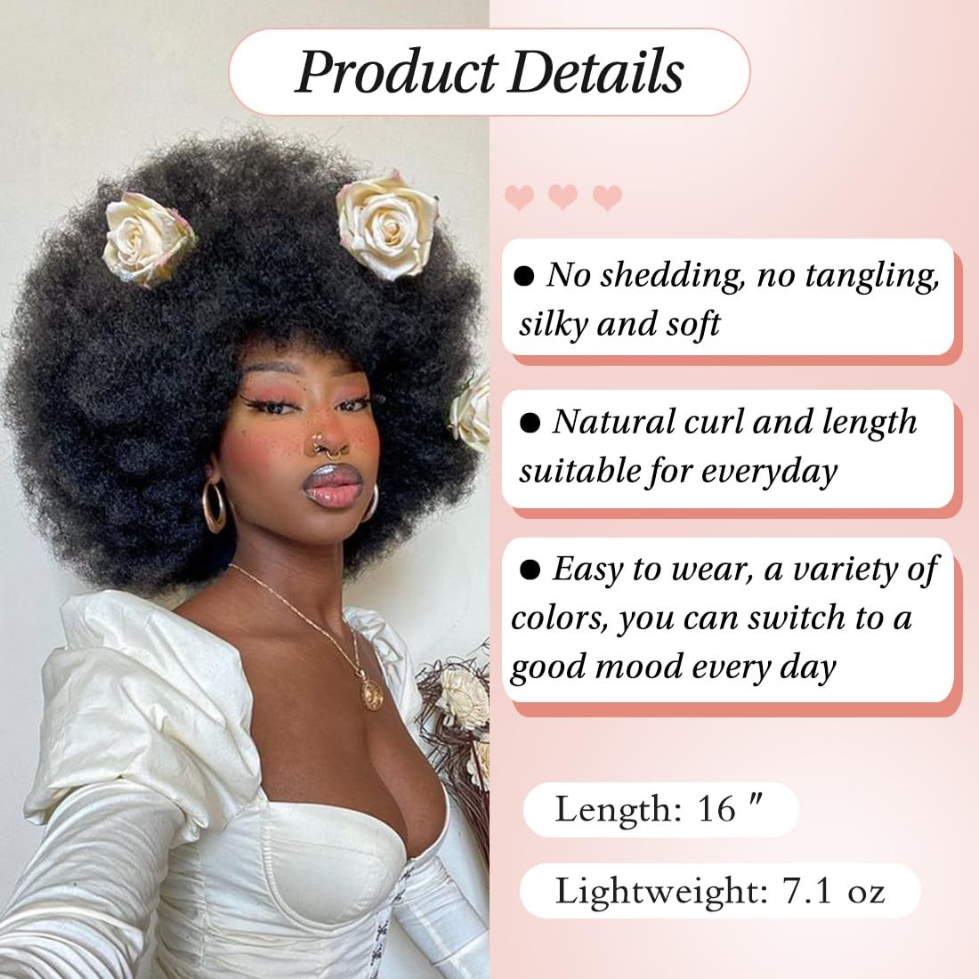 Kalyss Kinky Curly Afro Wig with Bangs 70s 1 Count (Pack of 1), Black