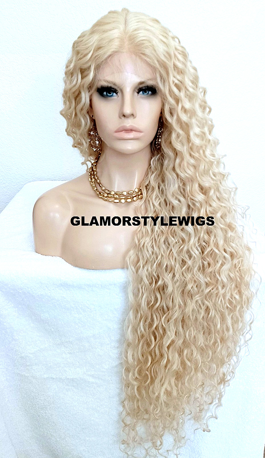 45″ LACE FRONT FULL WIG EXTRA LONG LAYERED CURLY BLEACH BLONDE HEAT OK #613 NWT