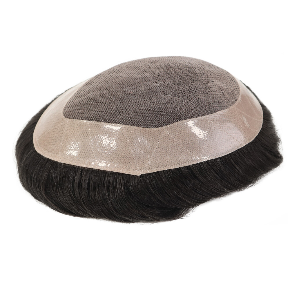 Durable Fine Mono Mens Toupee Human Hair Replacement System Lace Poly Hairpiece
