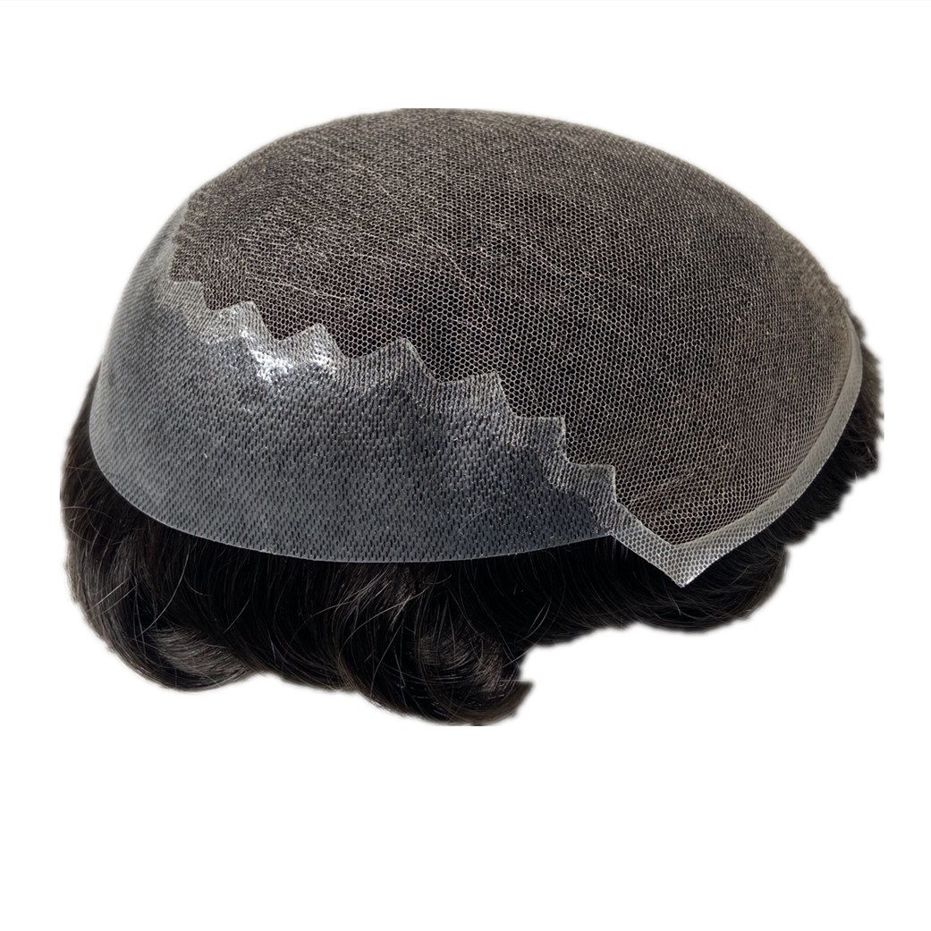 Mens Toupee French Lace Front Thin Skin PU Base Human Hair Replacement Sys #1B
