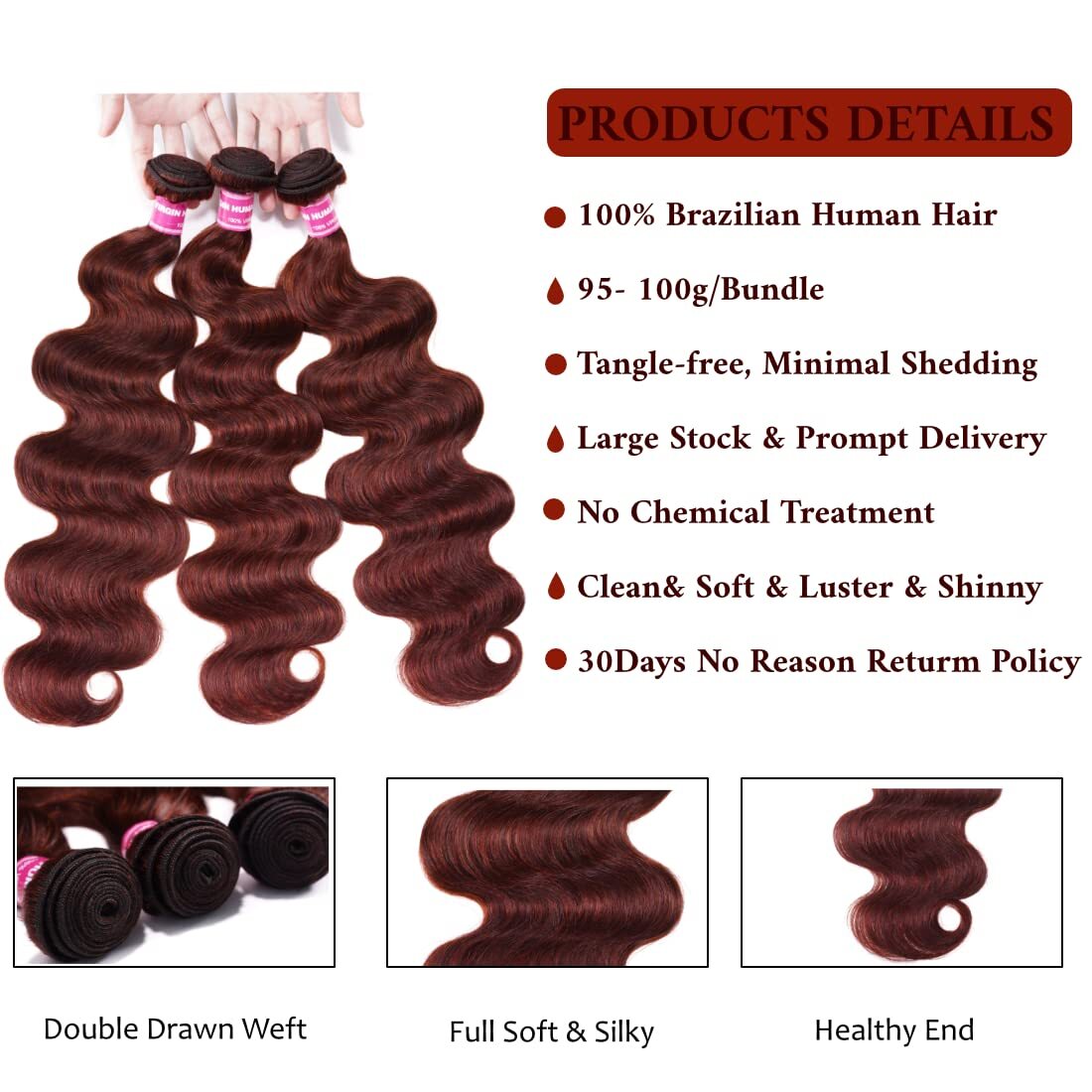 UNice Indian Reddish Brown Body Wave 3 Bundles Human Hair Extensions Weaves Weft