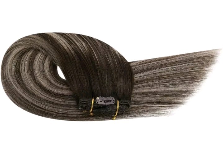 Ugeat Straight Clip in Hair Extensions Balayage Brown With Blonde Hair, 5pc-12in