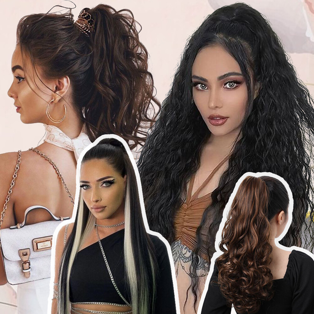 Claw Ponytail Long Curly Pony Tails Clip In Hair Extension Brown Highlight Thick