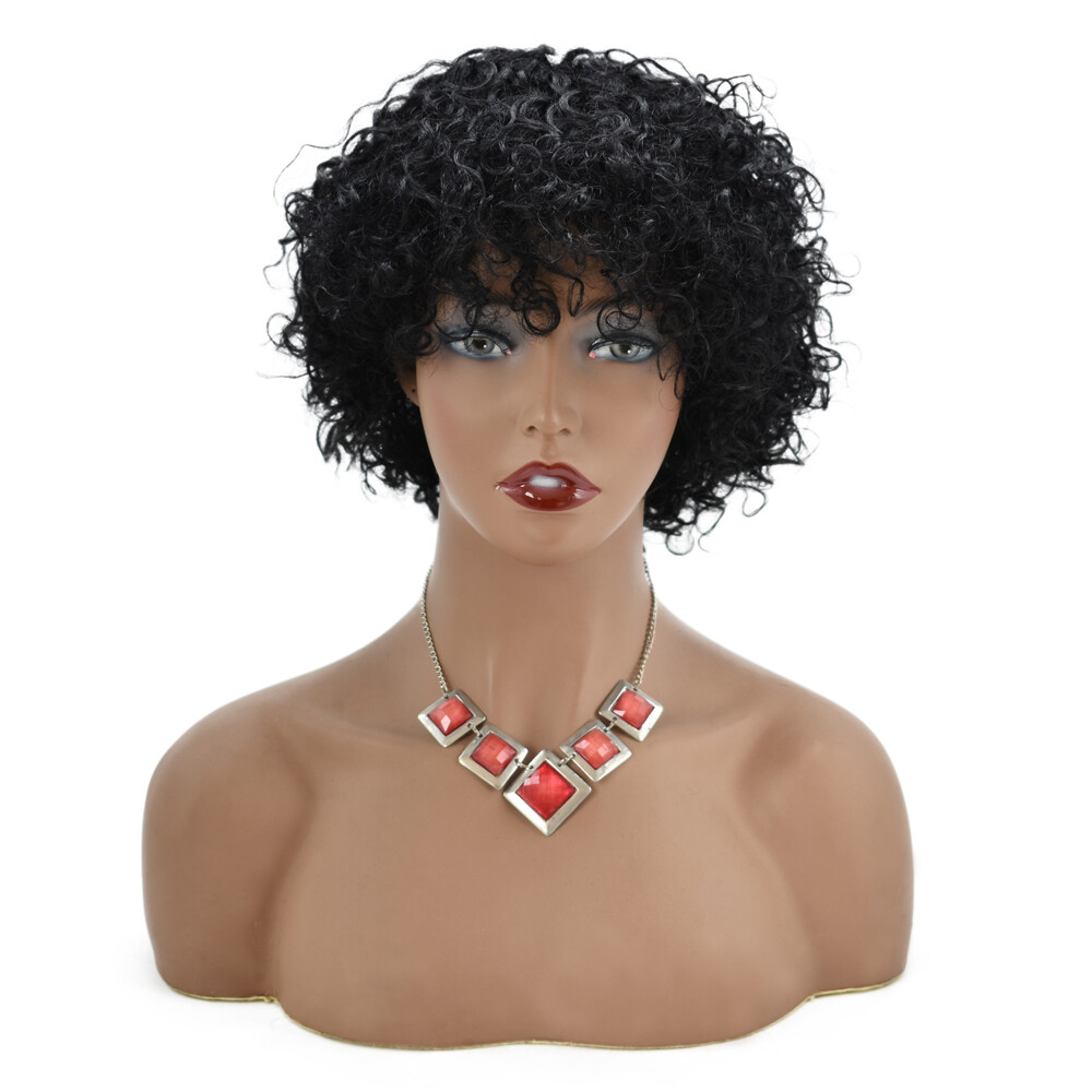 Kinky Curly Afro Wigs with Bangs Short Human Hair Wig for Black Women Brazilian