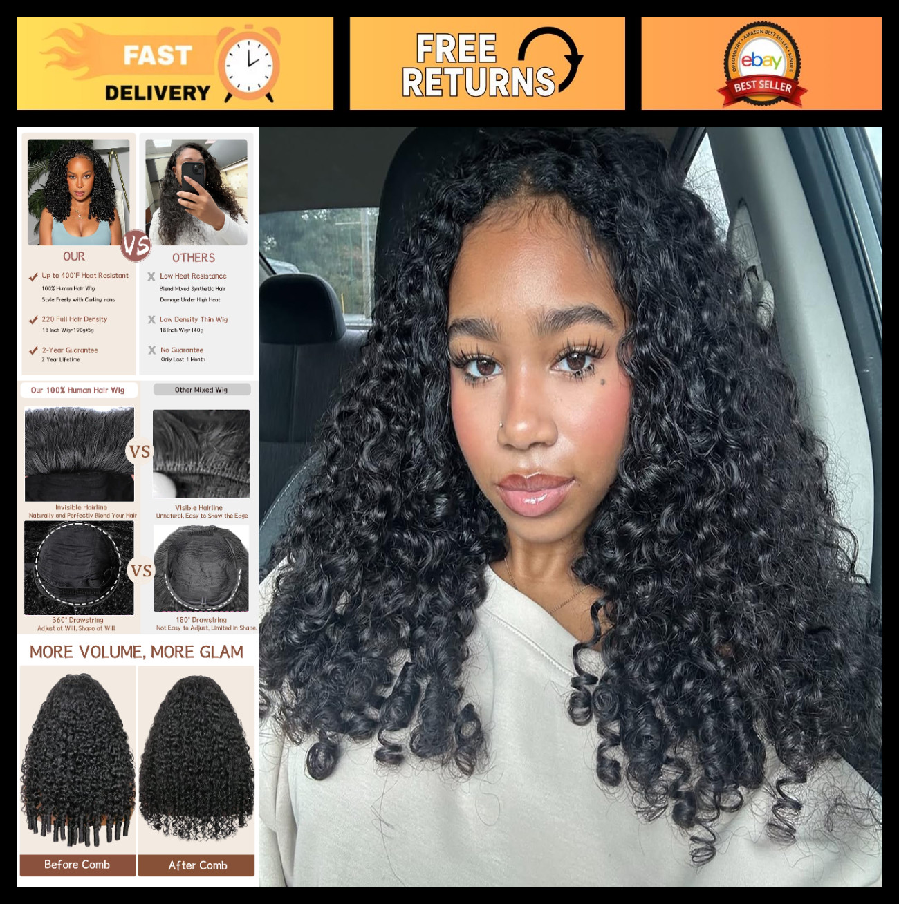 Curly Half Wig 220 Density 100% Real Human Hair 18″ Glueless Wear & Go 3-in-1
