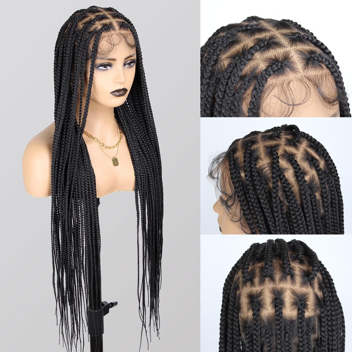 36 Inch Full Lace Braided Wigs for Black Women, 360° HD Single-layer Square Knot