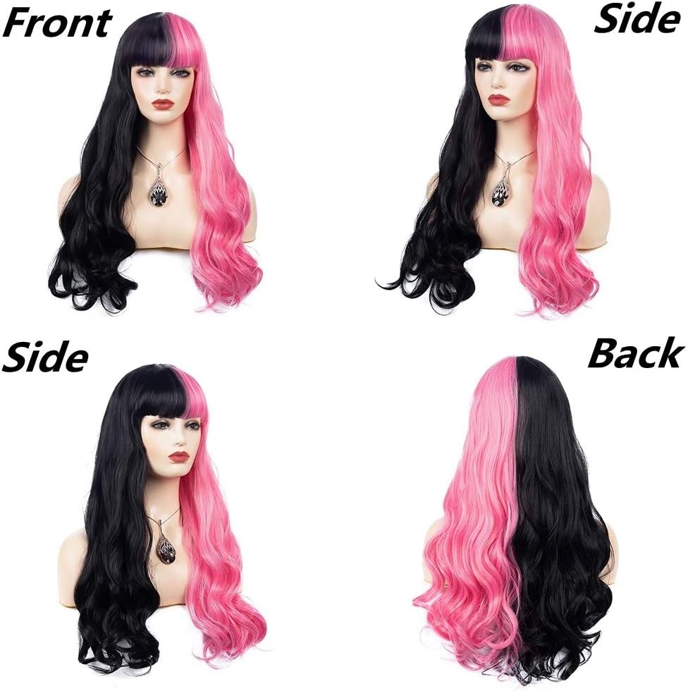 Half Pink Half Black Wavy Wigs Long Curly Wavy Split Synthetic Wig with Bangs Ha